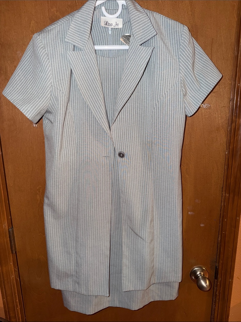 Lisa Jo Light Gray Pinstripe Short-Sleeve Blazer Dress